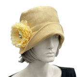 Yellow Gold Eleanor Linen Cloche Hat with narrow brim and flower with rhinestone brooch 