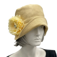 Yellow Gold Eleanor Linen Cloche Hat with narrow brim and flower with rhinestone brooch 