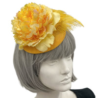 side view of Yellow Fascinator, Peony and Feather, Floral Head Piece, Kentucky Derby Fascinator, Womens Hats for Weddings and The Races, Handmade USA