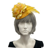 Front view of Yellow Fascinator, Peony and Feather, Floral Head Piece, Kentucky Derby Fascinator, Womens Hats for Weddings and The Races, Handmade USA
