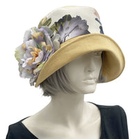 Yellow linen  Eleanor with wide front brim cloche  hat with floral band and large flower brooch