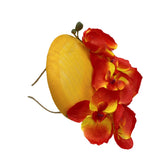 Yellow Fascinator with Red and Orange Orchid Flowers for the  Kentucky Derby and Special Occasions headband view
