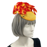 Sid view of Yellow Fascinator with Red and Orange Orchid Flowers for the  Kentucky Derby and Special Occasions