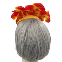 rear view of Yellow Fascinator with Red and Orange Orchid Flowers for the  Kentucky Derby and Special Occasions