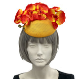 Yellow Fascinator with Red and Orange Orchid Flowers for the  Kentucky Derby and Special Occasions