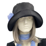 1920s Cloche Hat, Black Linen Cloche with Periwinkle Chiffon Rose Brooch, Jazz Age Lawn Party and Weddings, Handmade in the USA
