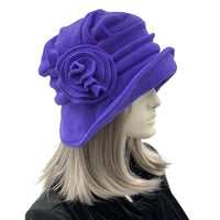 Fleece Cloche hat women shown here in purple fleece. 1920s style modern day hats Boston Millinery 