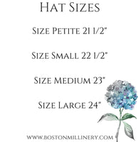 Boston Millinery hat sizing chart for women