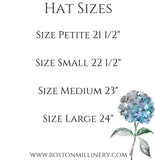 Boston Millinery hat sizing chart for women