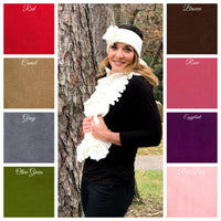 Winter fleece scarf shown modeled and color chart available, Boston Millinery