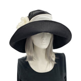 Black Wide Brim Hat, Wedding Hats and Fascinators, Linen Hat with Chiffon Flower and Scarf, Handmade in the USA