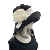 Black Wide Brim Hat, Wedding Hats and Fascinators, Linen Hat with Chiffon Flower and Scarf, Handmade in the USA