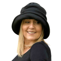Fleece Cloche hat women shown here in black fleece. 1920s style modern day hats Boston Millinery