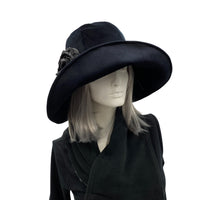 Wide Brim Black Hat with Large Rose Brooch and Ostrich Feather, Winter Hat Women, Handmade in the USA