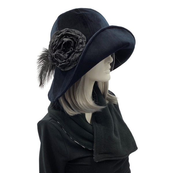 Wide Brim Black Hat with Large Rose Brooch and Ostrich Feather, Winter Hat Women, Handmade in the USA