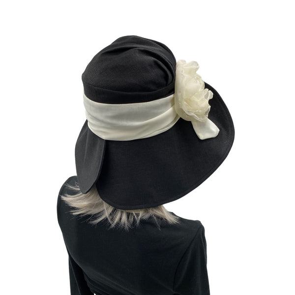 Black Linen Wide Brim Hat with Chiffon Flower and Scarf | The Derby Black Linen Wide Brim Hat with Chiffon Flower and Scarf | The Derby