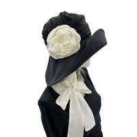 Black Wide Brim Hat, Wedding Hats and Fascinators, Linen Hat with Chiffon Flower and Scarf, Handmade in the USA