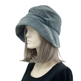 Cloche Hat Women in Dusky Blue Velvet, Satin Lined Church Hat, Chemo Headwear, Handmade in USA