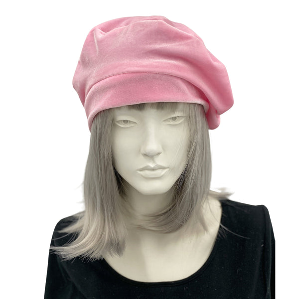Cute Pink velvet beret for women satin lined hat front view
