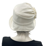 Boston Millinery's handmade winter white cream fleece 1920s style cloche hat for women, shown here on a hat mannequin. rear view of hat 