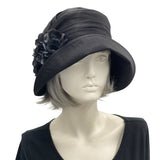 1930s Hat, Cloche Hat Black with Hydrangea Brooch, Vintage Style, Linen Hat in Black or Choose Your Color, Handmade USA