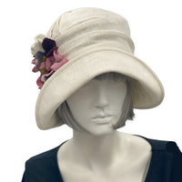 1920s Hat, Cloche Hat Women, Linen Hat with Hydrangea Flower Brooch, Elegant Wedding Hat, Handmade Millinery, USA