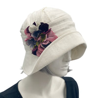 1920s Hat, Cloche Hat Women, Linen Hat with Hydrangea Flower Brooch, Elegant Wedding Hat, Handmade Millinery, USA