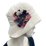 1920s Hat, Cloche Hat Women, Linen Hat with Hydrangea Flower Brooch, Elegant Wedding Hat, Handmade Millinery, USA