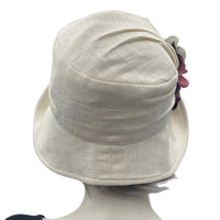 1920s Hat, Cloche Hat Women, Linen Hat with Hydrangea Flower Brooch, Elegant Wedding Hat, Handmade Millinery, USA