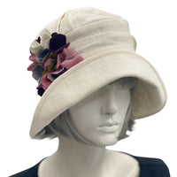 1920s Hat, Cloche Hat Women, Linen Hat with Hydrangea Flower Brooch, Elegant Wedding Hat, Handmade Millinery, USA