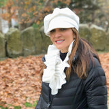 Baker Boy Cap in cream fleece handmade Boston Millinery lifestyle shot with the matching scarf