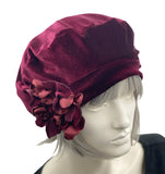 Beret For Women, Burgundy Velvet Beret, Hydrangea Style Flower Brooch, top view