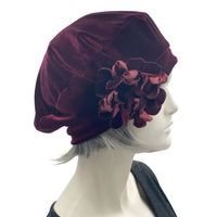 Beret For Women, Burgundy Velvet with Hydrangea Style Flower Brooch side view