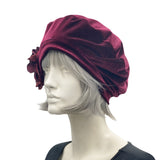 Beret For Women, Burgundy Velvet with Hydrangea Style Flower Brooch side view