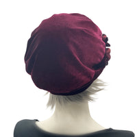 Beret For Women, Burgundy Velvet with Hydrangea Style Flower Brooch rear view