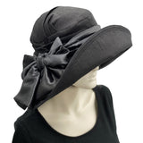 Black Wide Brim Hat, Wedding Hats and Fascinators, Linen Hat with Chiffon Flower and Scarf, Handmade in the USA