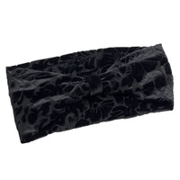 Wide Stretchy Headband in Black Textured Velvet Handmade by Boston Millinery  flat lay view