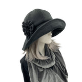 Black Wide Brim Hat, Winter Hats Women, Black Fleece Cloche Hat or Choose Your Color, Made in the USA