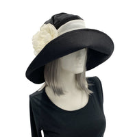 Black Wide Brim Hat, Wedding Hats and Fascinators, Linen Hat with Chiffon Flower and Scarf, Handmade in the USA