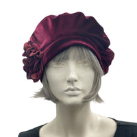 Beret For Women, Burgundy Velvet with Hydrangea Style Flower Brooch front view