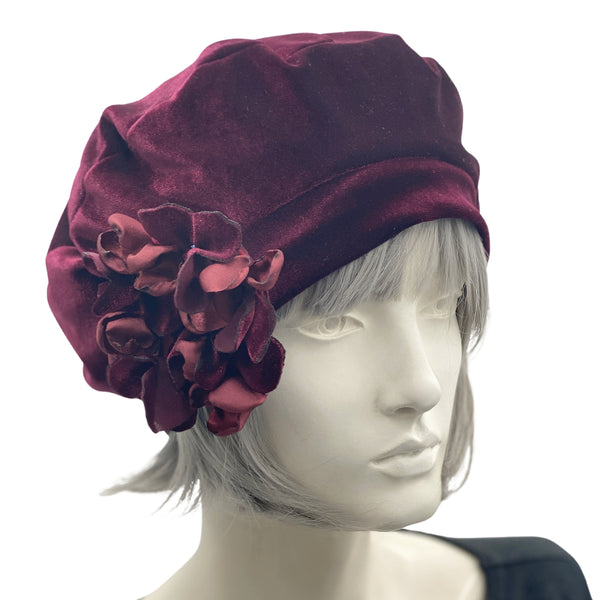 Beret For Women, Burgundy Velvet with Hydrangea Style Flower Brooch