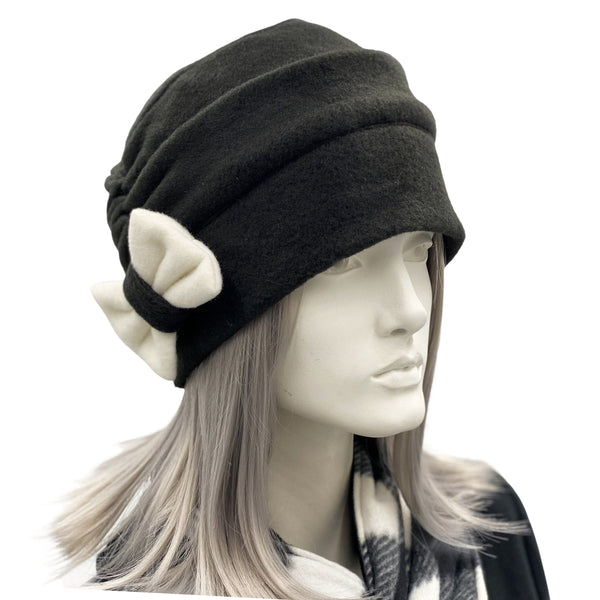 Winter Hats Women, Black and Winter White Fleece Beanie, Slouchy Hat, Made in USA
