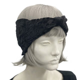 Wide Stretchy Headband in Black Textured Velvet Handmade by Boston Millinery 