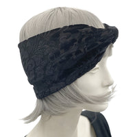 Wide Stretchy Headband in Black Textured Velvet Handmade by Boston Millinery  side view