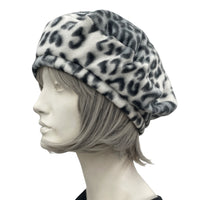 Beret Hat, Leopard Print Fleece or Black Beret Hat, Satin Lined Winter Hat, 50th Birthday Gift, Best Friend Gifts, Handmade in USA