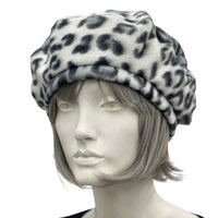 Beret Hat, Leopard Print Fleece or Black Beret Hat, Satin Lined Winter Hat, 50th Birthday Gift, Best Friend Gifts, Handmade in USA