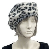 Beret Hat, Leopard Print Fleece or Black Beret Hat, Satin Lined Winter Hat, 50th Birthday Gift, Best Friend Gifts, Handmade in USA