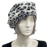 Beret Hat, Leopard Print Fleece or Black Beret Hat, Satin Lined Winter Hat, 50th Birthday Gift, Best Friend Gifts, Handmade in USA
