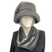 Fleece Cloche Hat with Velvet Bow and Velvet Neck Warmer, Winter Hat Women, Handmade Anniversary Gift for Wife