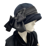 1920s Cloche Hat, Black Velvet Hat with Black Satin Band and Bow, Satin Lined Hat, Womens Winter Hats, Handmade
